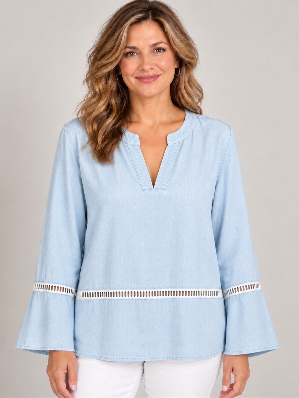Cloth & Stone Blue Tencel Ladder Trim Bell Sleeve Blouse L A336